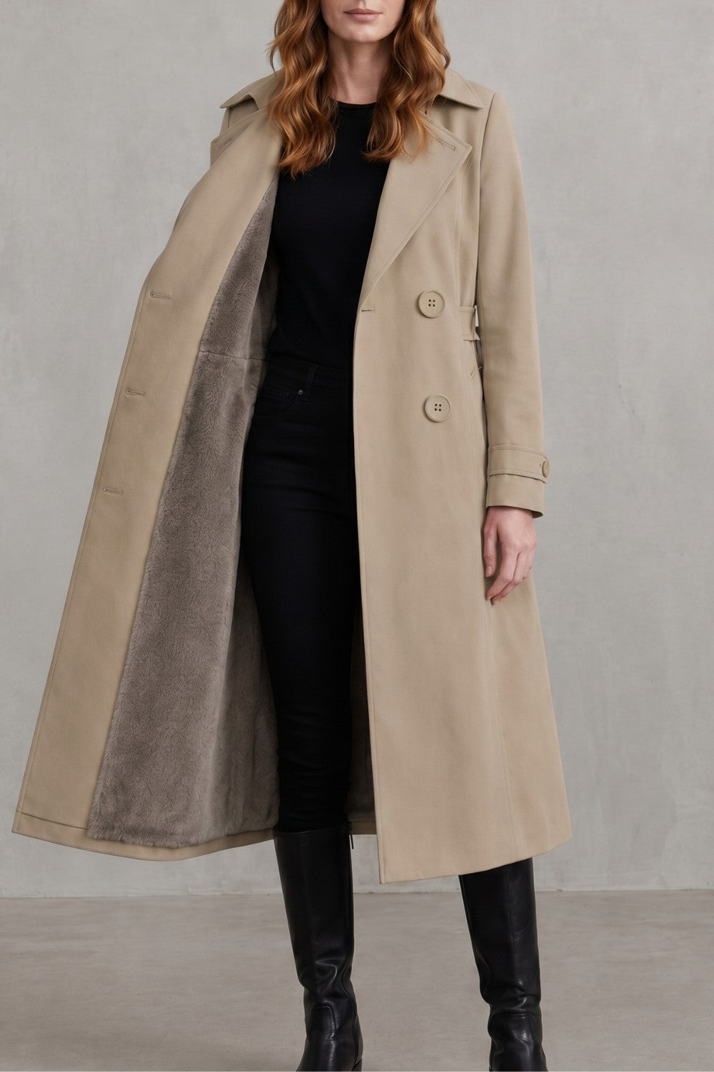 Women's Double-Breasted Trench Coat with Faux Fur Lining