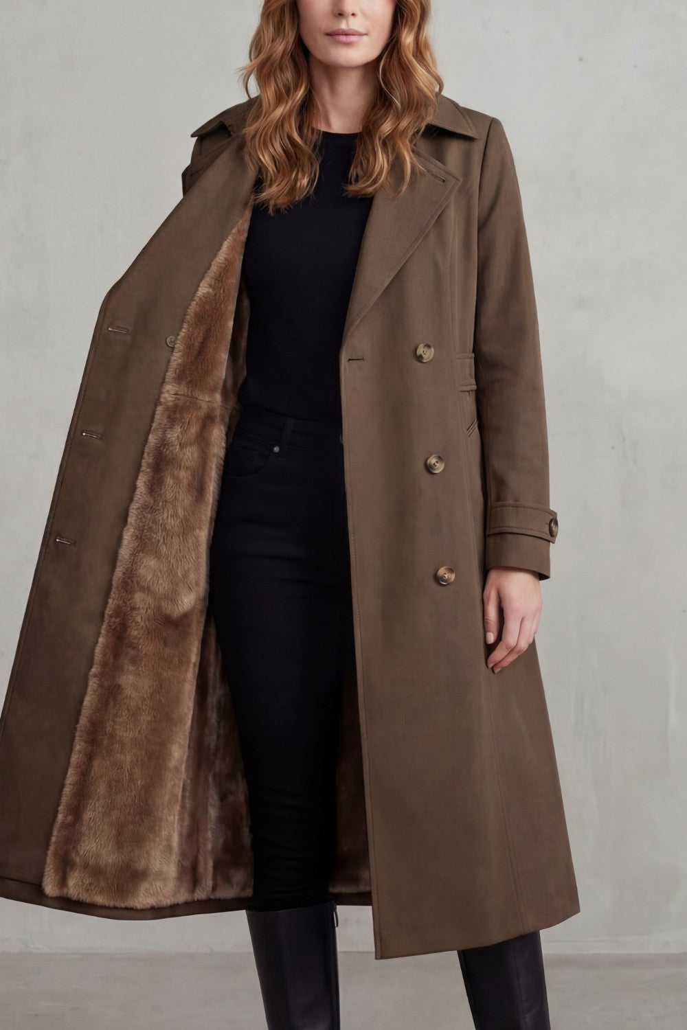 Women's Double-Breasted Trench Coat with Faux Fur Lining