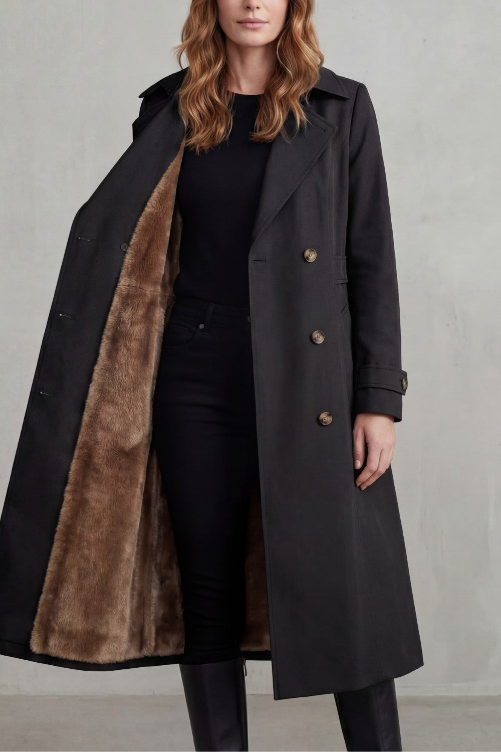 Women's Double-Breasted Trench Coat with Faux Fur Lining