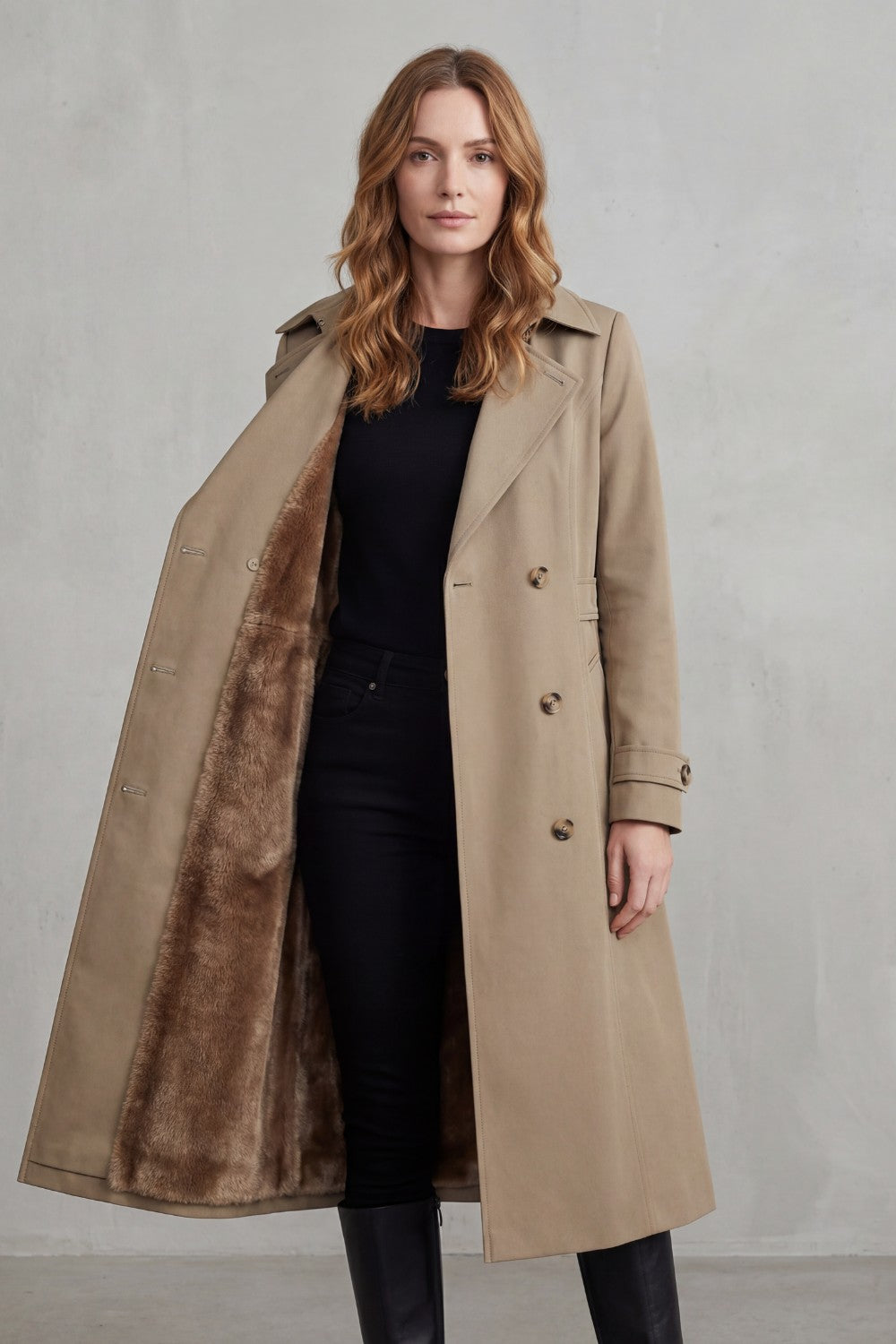 Women's Double-Breasted Trench Coat with Faux Fur Lining