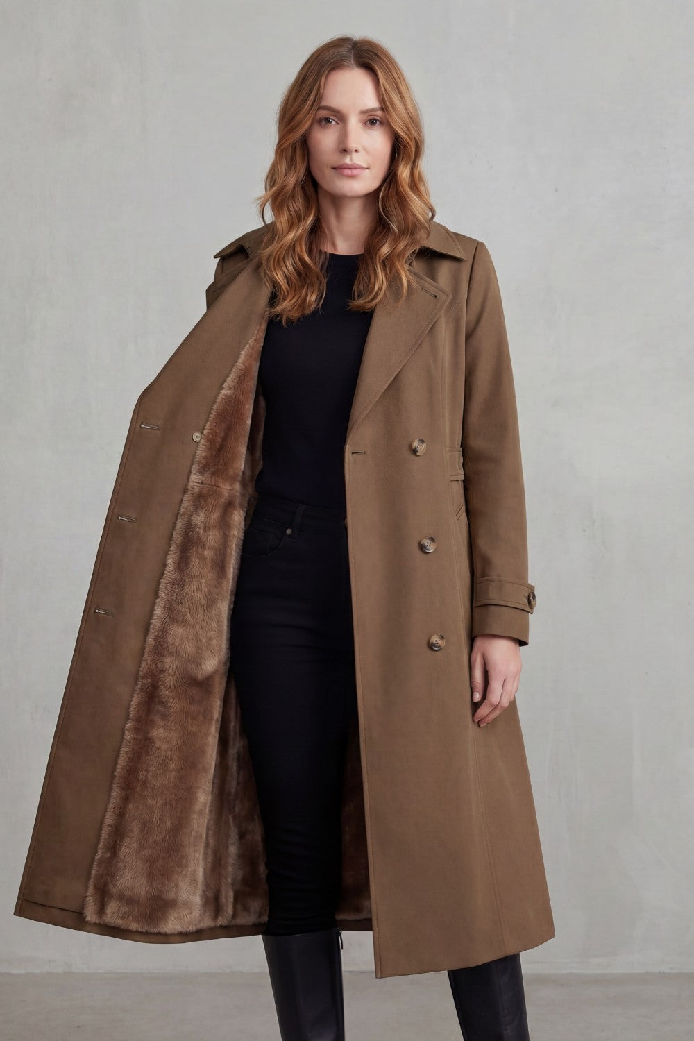 Women's Double-Breasted Trench Coat with Faux Fur Lining