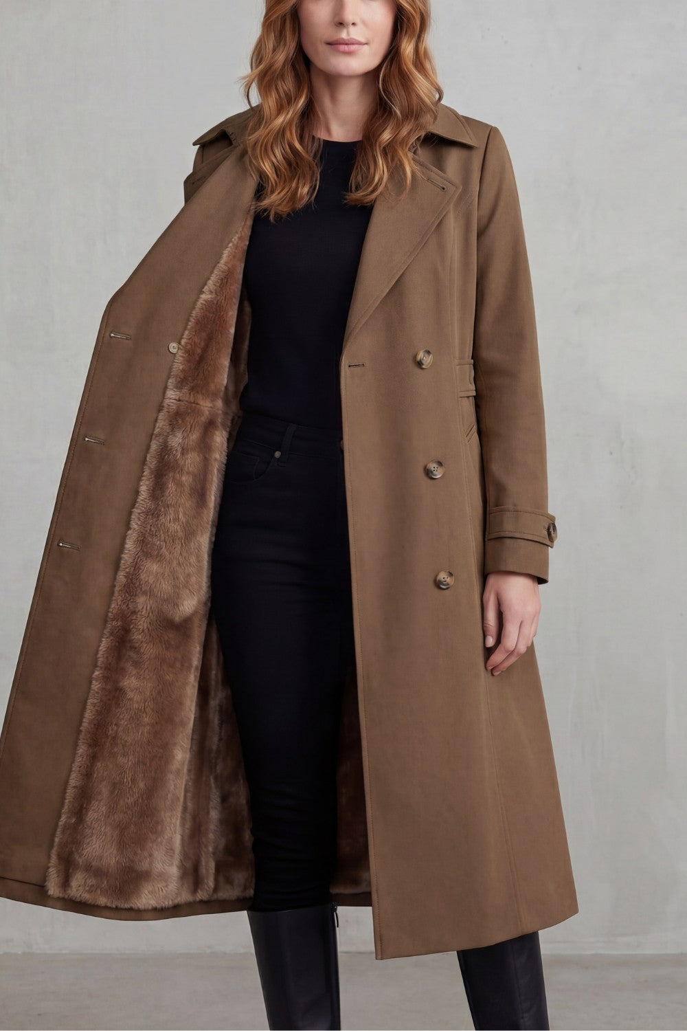 Women's Double-Breasted Trench Coat with Faux Fur Lining