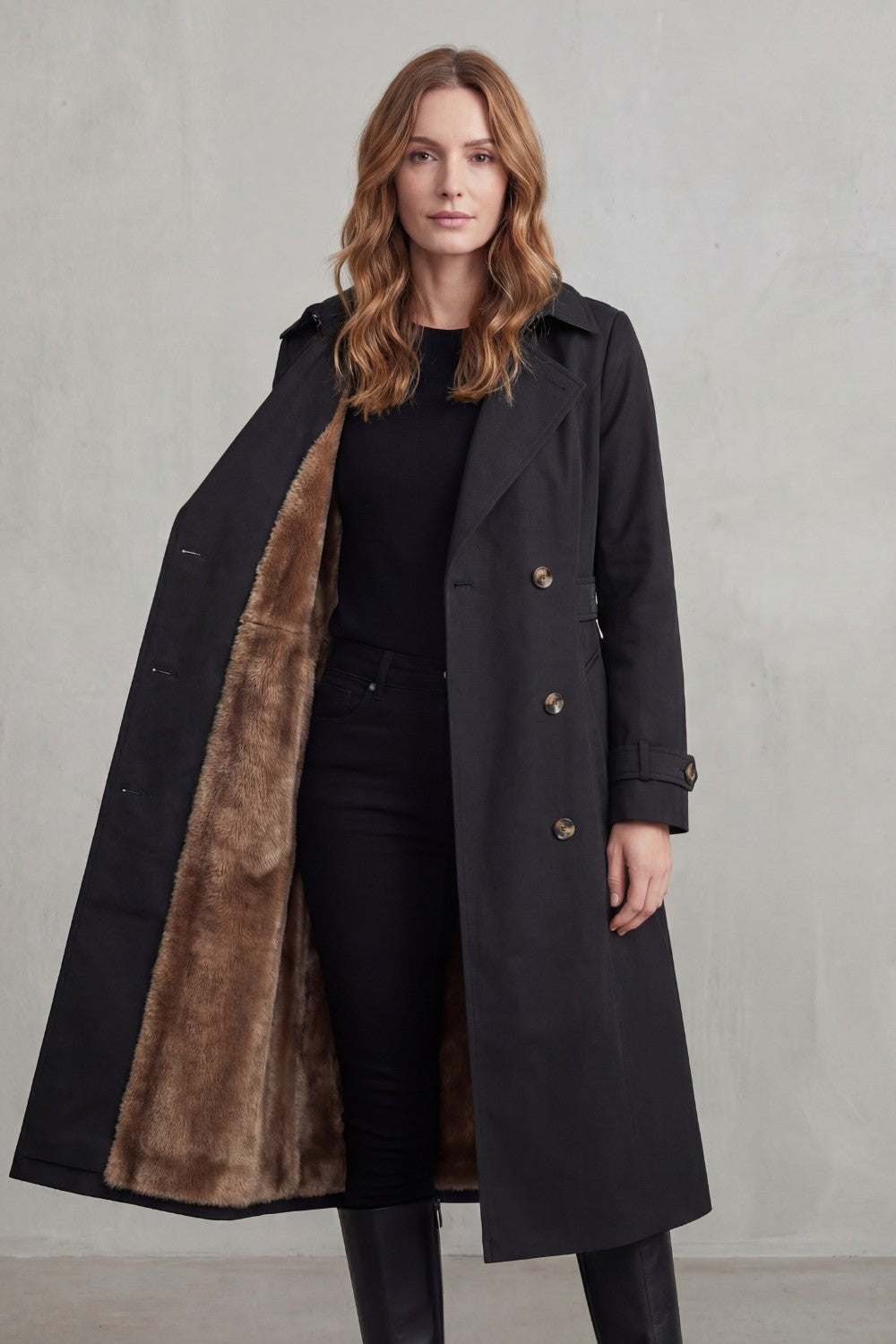 Women's Double-Breasted Trench Coat with Faux Fur Lining