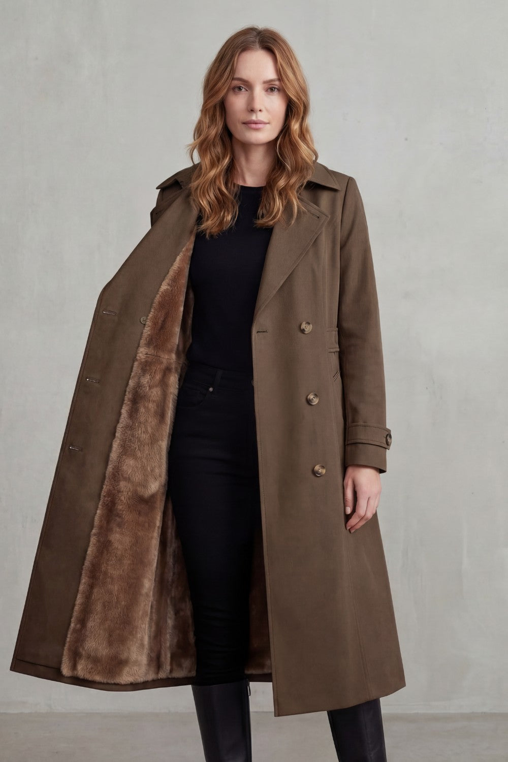 Women's Double-Breasted Trench Coat with Faux Fur Lining