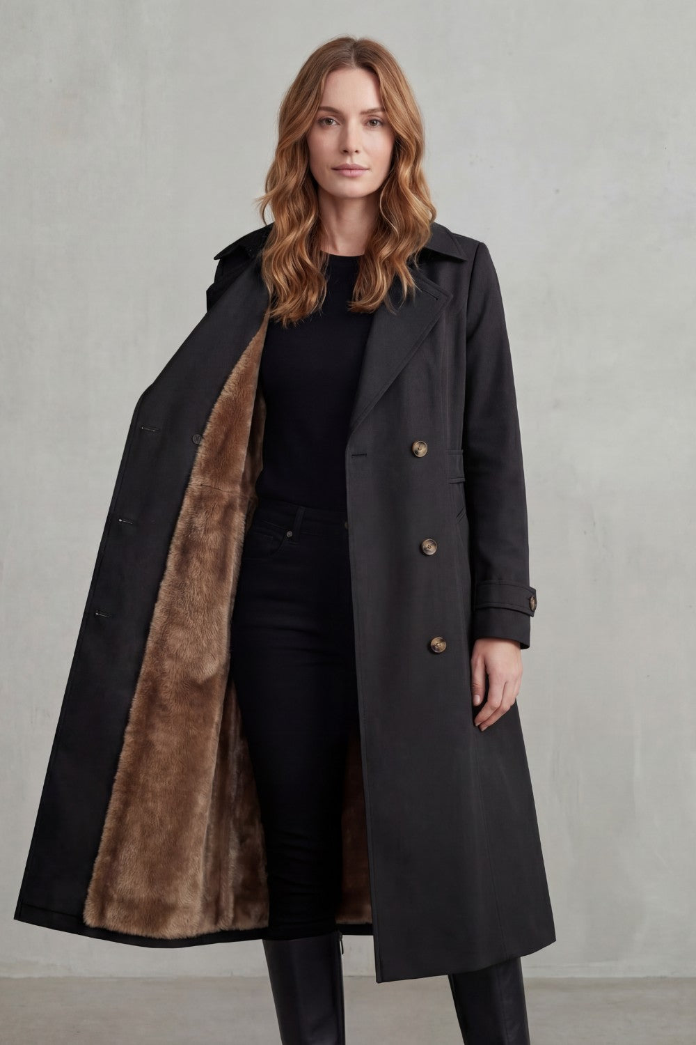 Women's Double-Breasted Trench Coat with Faux Fur Lining
