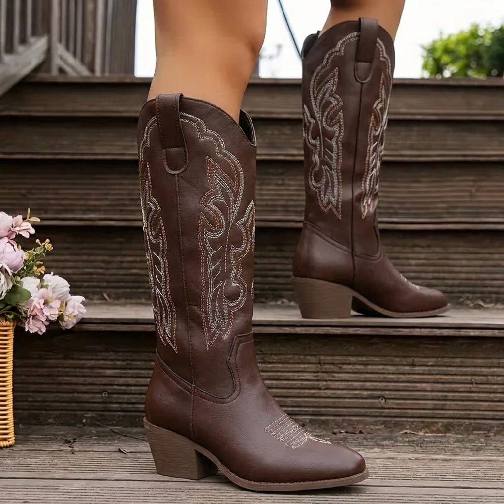 Women's Embroidered Block Heel Cowgirl Knee High Boots