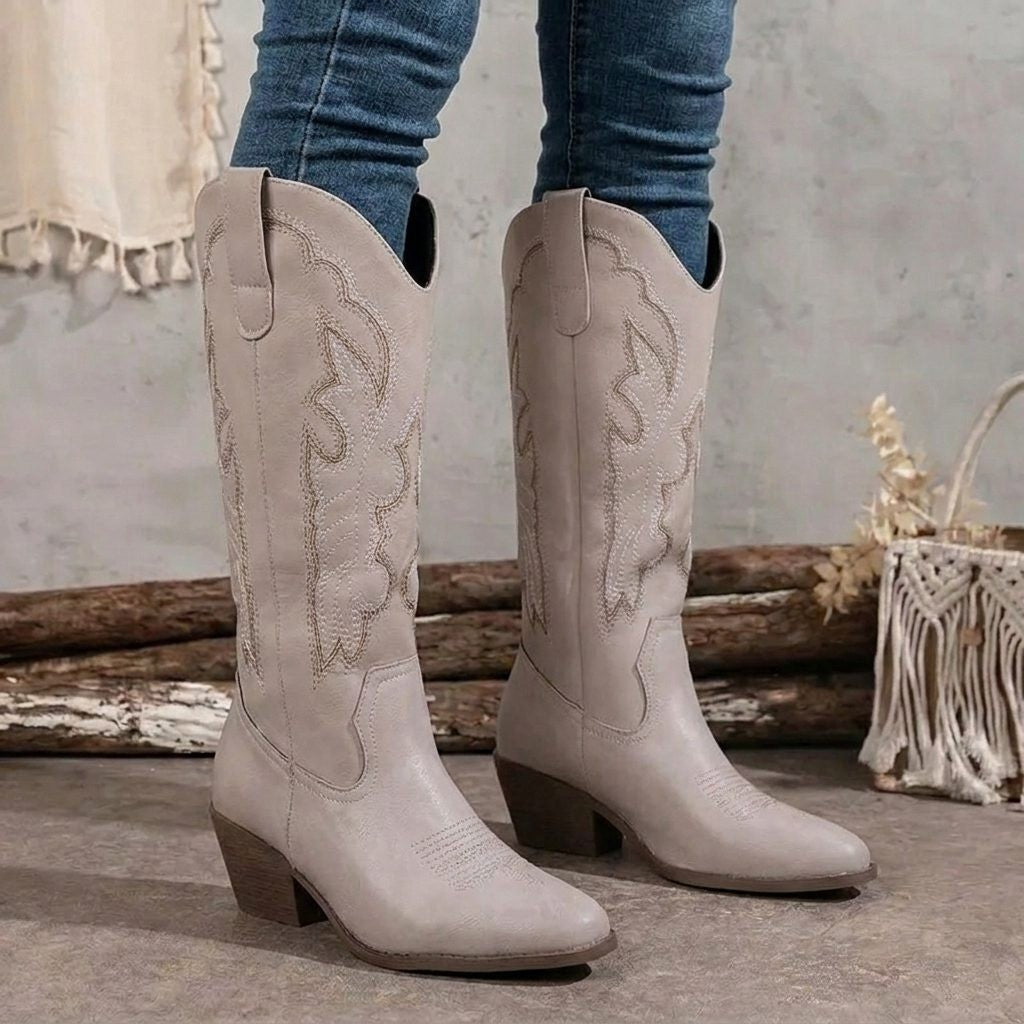 Women's Embroidered Block Heel Cowgirl Knee High Boots