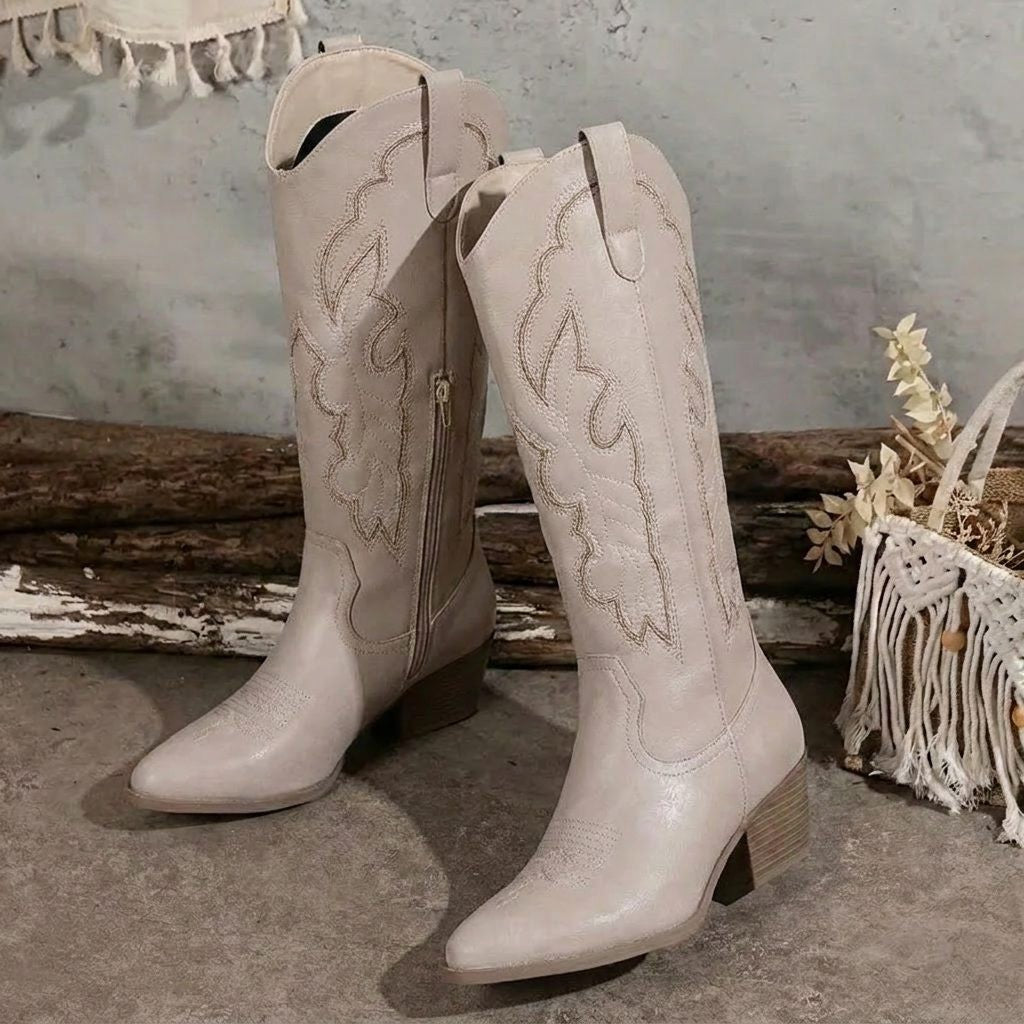 Women's Embroidered Block Heel Cowgirl Knee High Boots