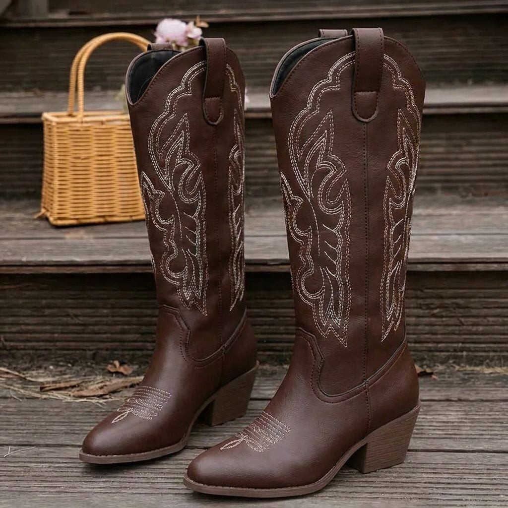 Women's Embroidered Block Heel Cowgirl Knee High Boots
