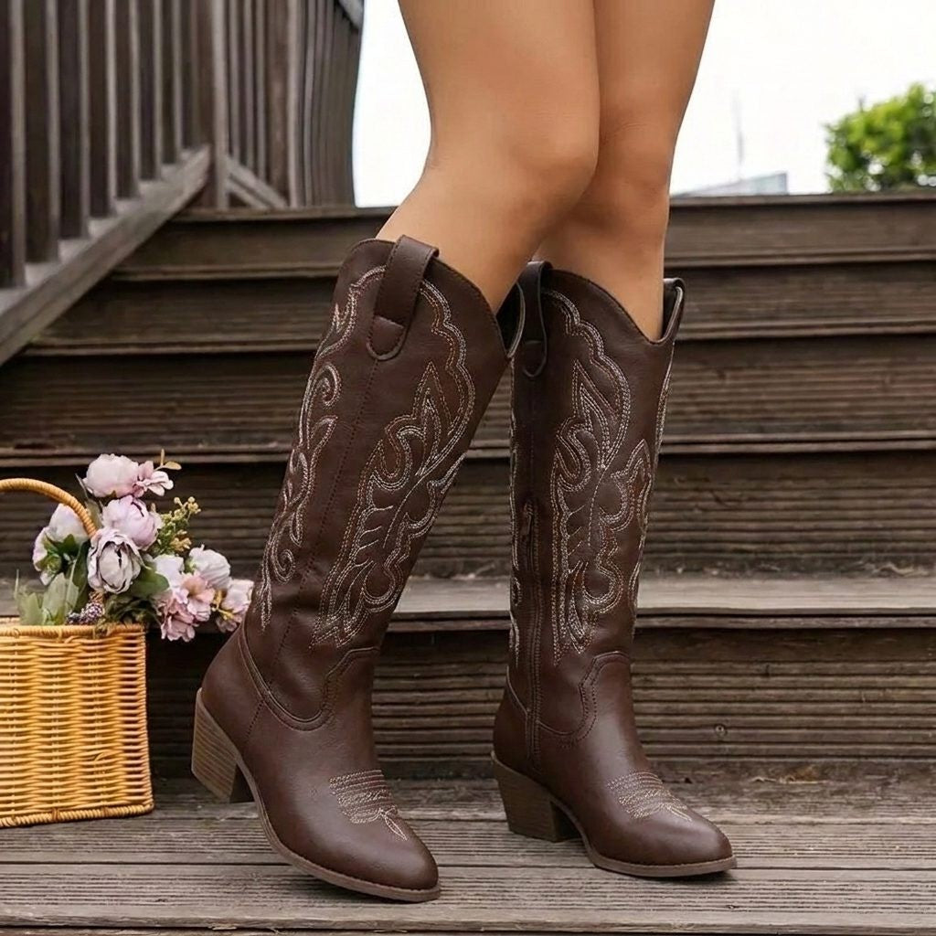 Women's Embroidered Block Heel Cowgirl Knee High Boots