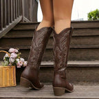 Women's Embroidered Block Heel Cowgirl Knee High Boots