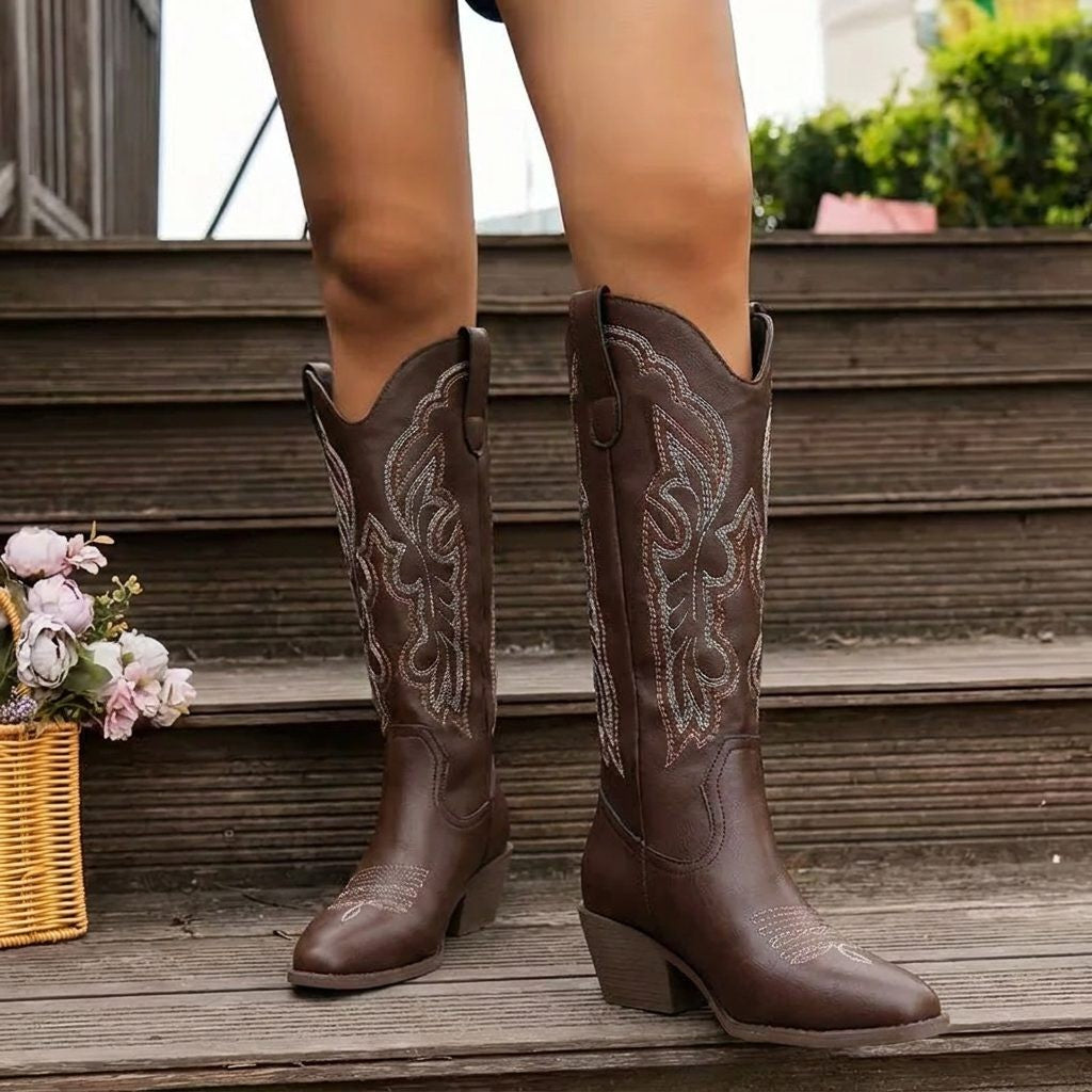 Women's Embroidered Block Heel Cowgirl Knee High Boots