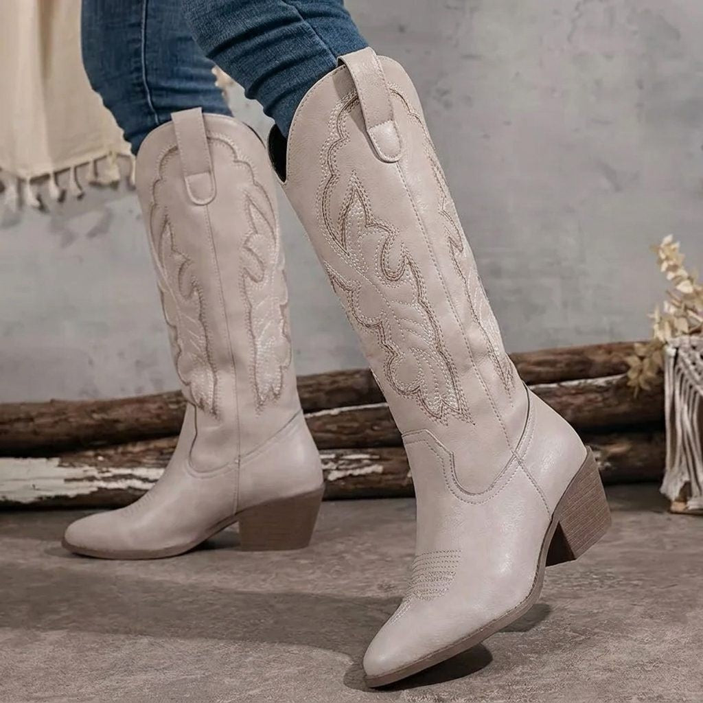 Women's Embroidered Block Heel Cowgirl Knee High Boots