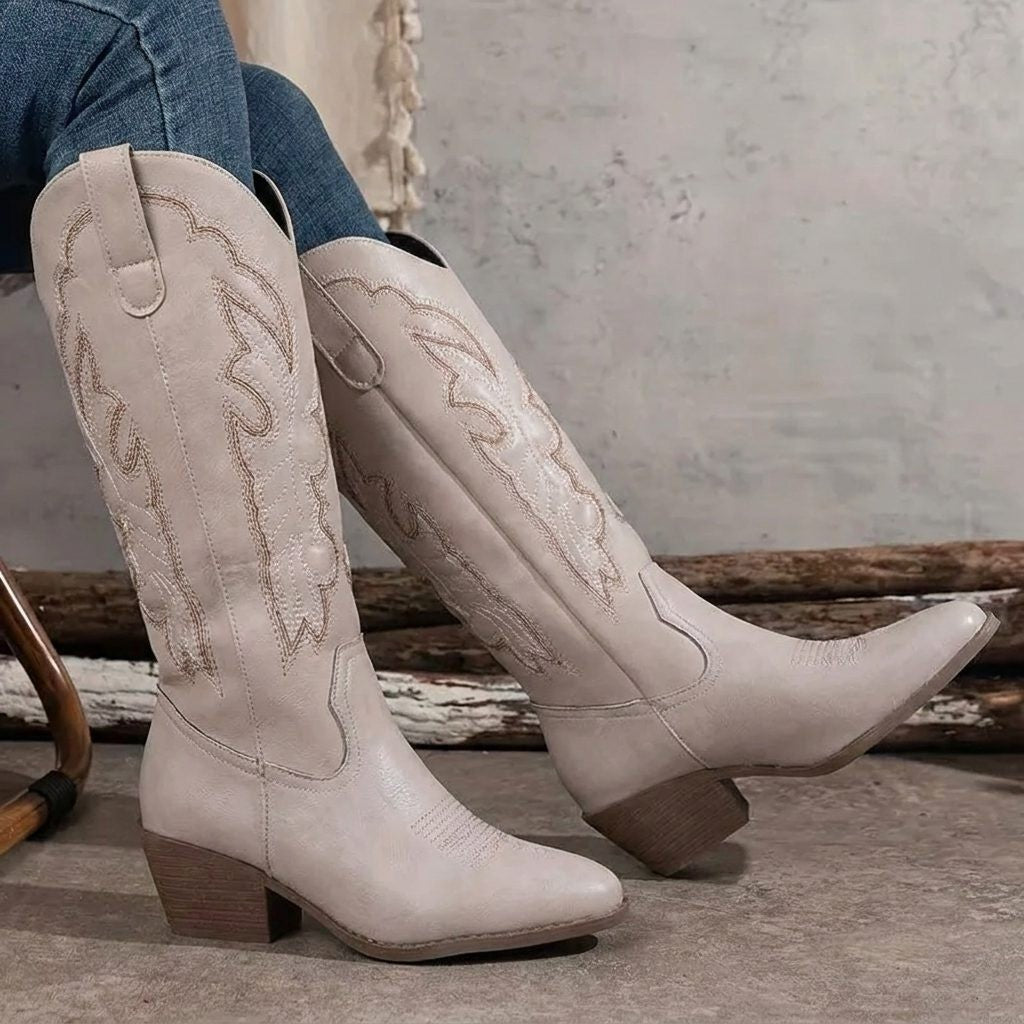 Women's Embroidered Block Heel Cowgirl Knee High Boots