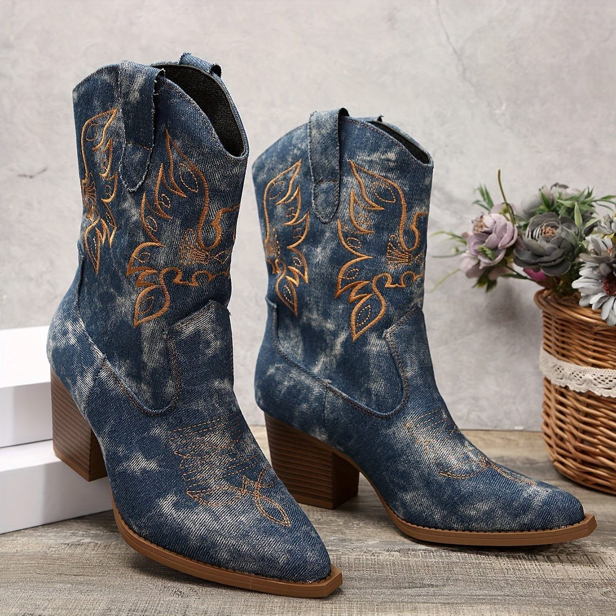 Women's Embroidered Cowboy Knee High Boots with Block Heel