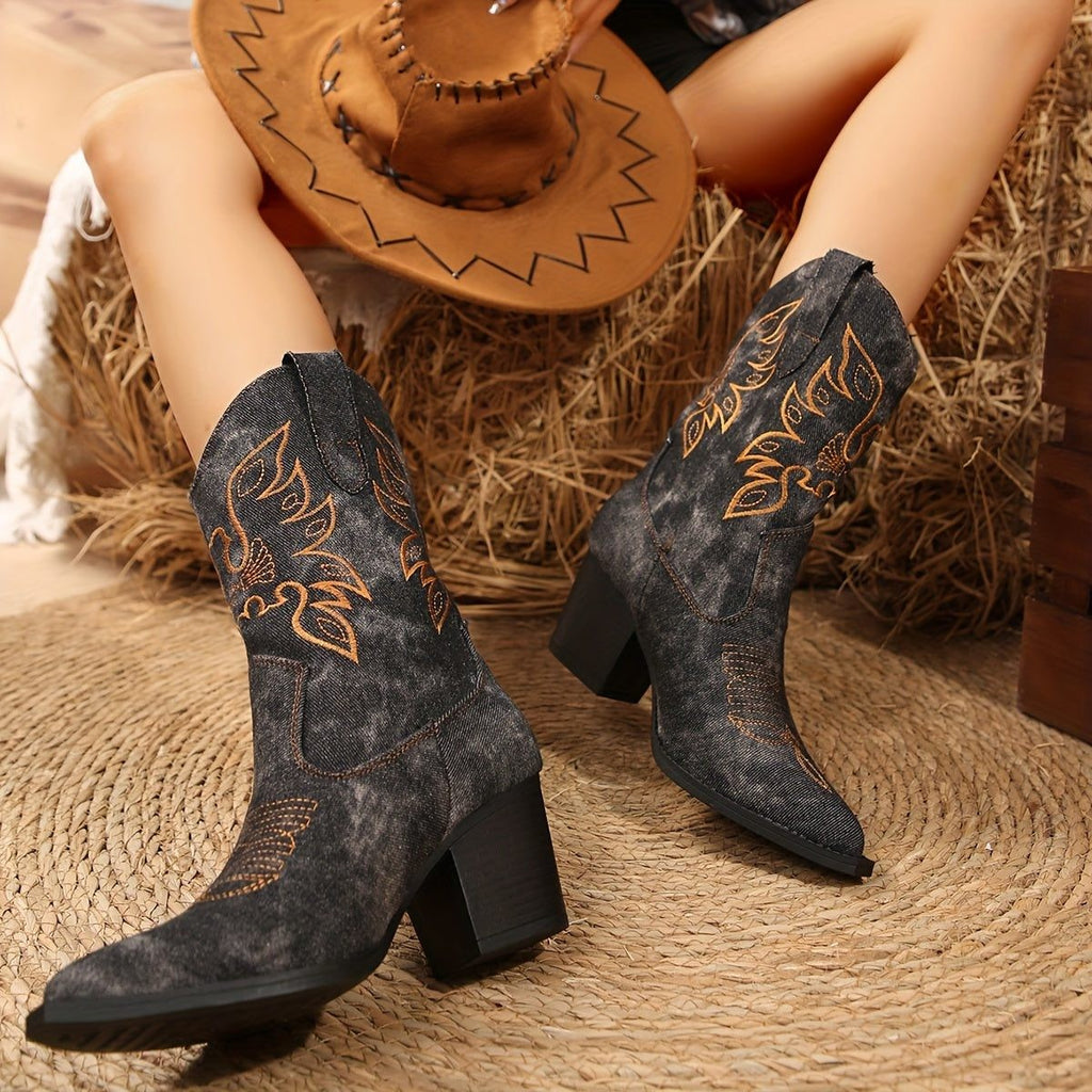 Women's Embroidered Cowboy Knee High Boots with Block Heel