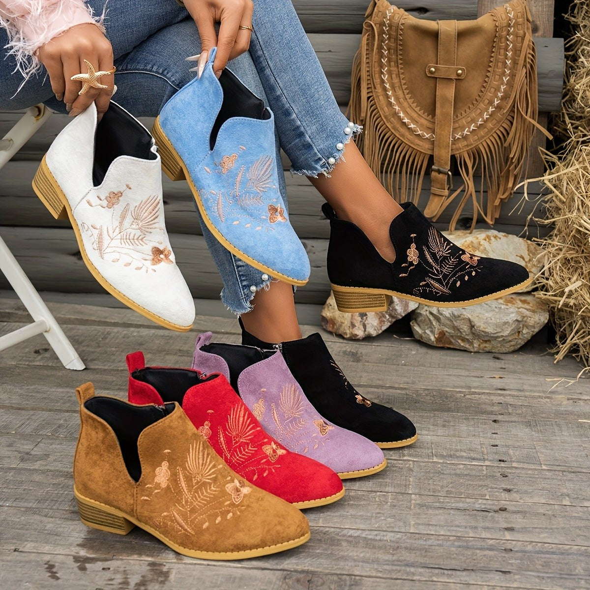 Women's Embroidered Low Heel Ankle Boots with Side Zip