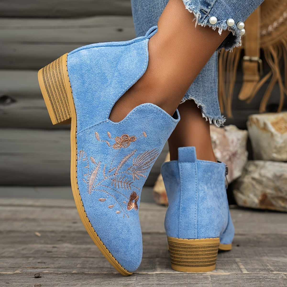 Women's Embroidered Low Heel Ankle Boots with Side Zip