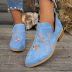 Women's Embroidered Low Heel Ankle Boots with Side Zip