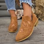 Women's Embroidered Low Heel Ankle Boots with Side Zip