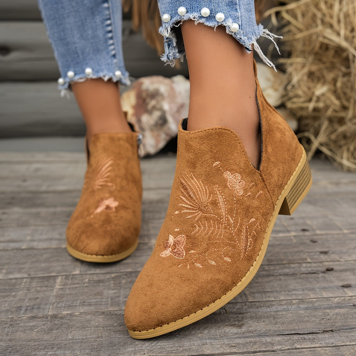 Women's Embroidered Low Heel Ankle Boots with Side Zip