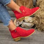 Women's Embroidered Low Heel Ankle Boots with Side Zip