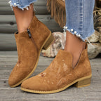 Women's Embroidered Low Heel Ankle Boots with Side Zip