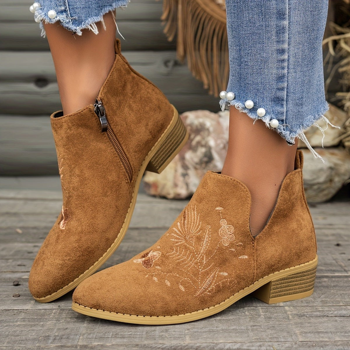 Women's Embroidered Low Heel Ankle Boots with Side Zip