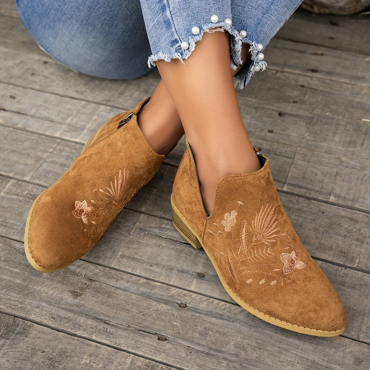Women's Embroidered Low Heel Ankle Boots with Side Zip