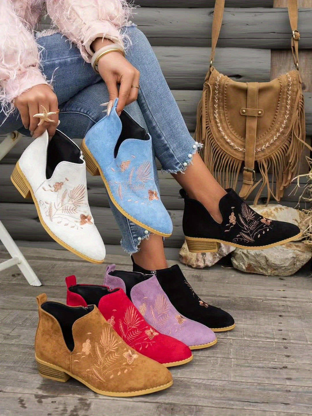 Women's Embroidered Low Heel Ankle Boots with Side Zip