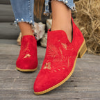 Women's Embroidered Low Heel Ankle Boots with Side Zip