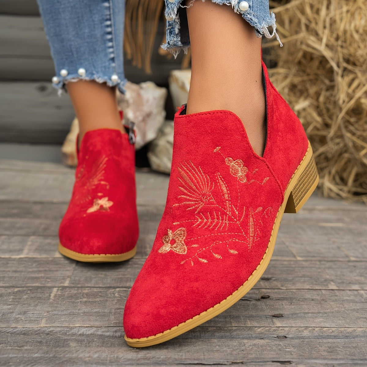 Women's Embroidered Low Heel Ankle Boots with Side Zip