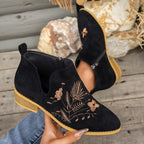 Women's Embroidered Low Heel Ankle Boots with Side Zip