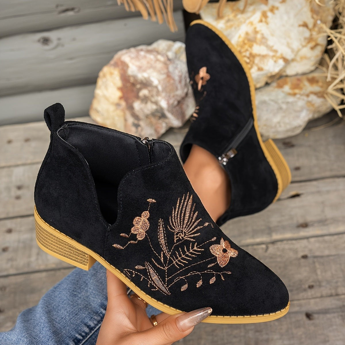 Women's Embroidered Low Heel Ankle Boots with Side Zip
