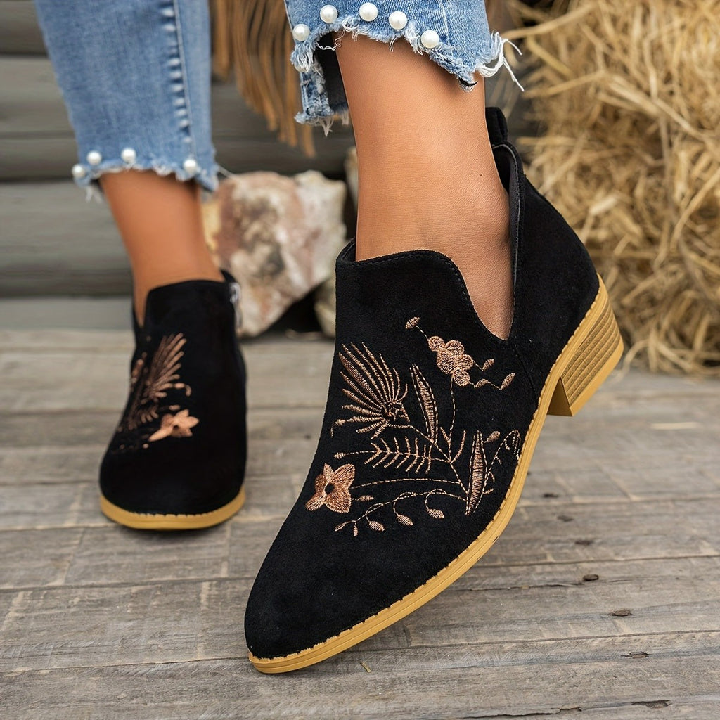 Women's Embroidered Low Heel Ankle Boots with Side Zip