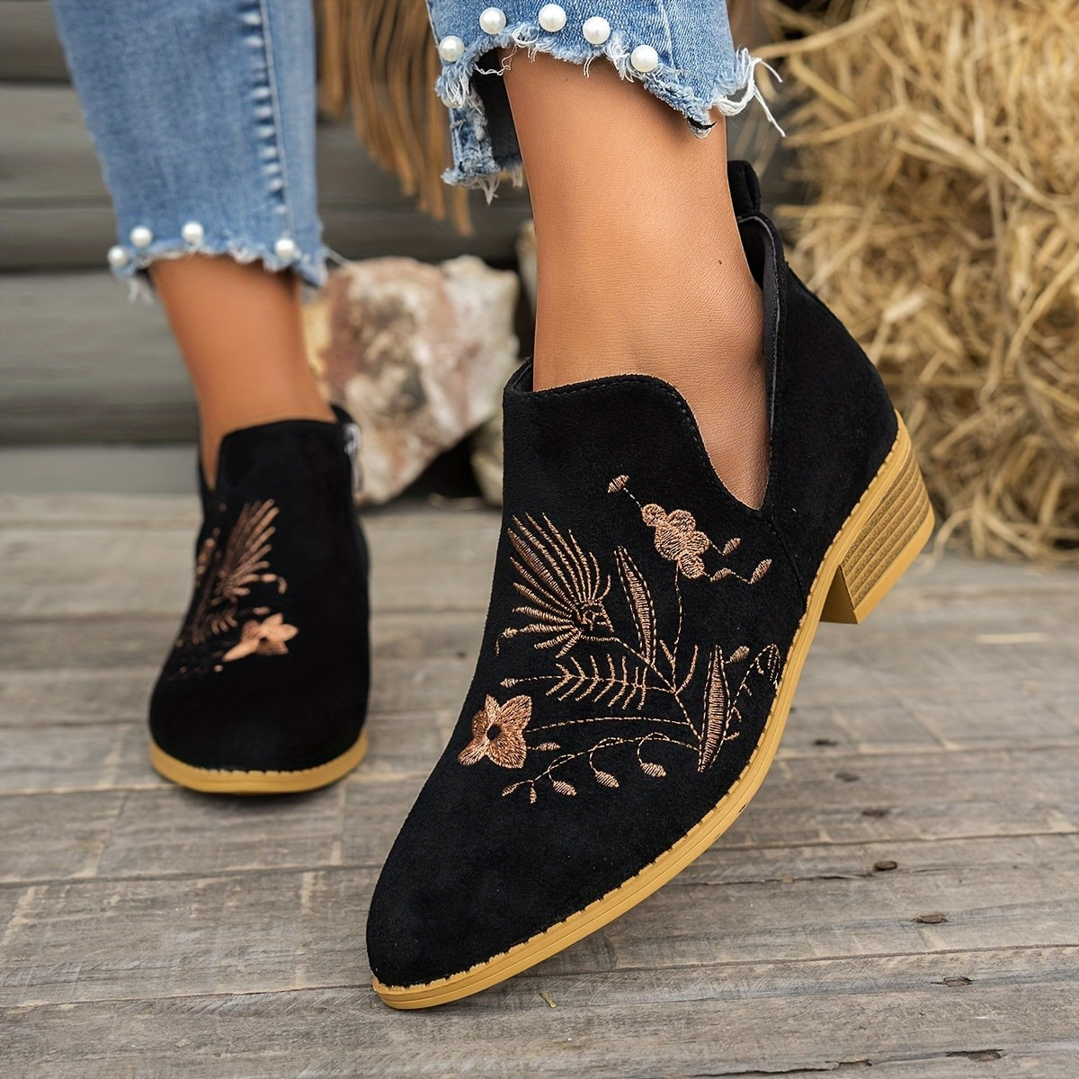 Women's Embroidered Low Heel Ankle Boots with Side Zip