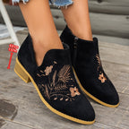 Women's Embroidered Low Heel Ankle Boots with Side Zip
