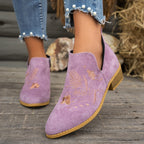 Women's Embroidered Low Heel Ankle Boots with Side Zip