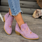 Women's Embroidered Low Heel Ankle Boots with Side Zip