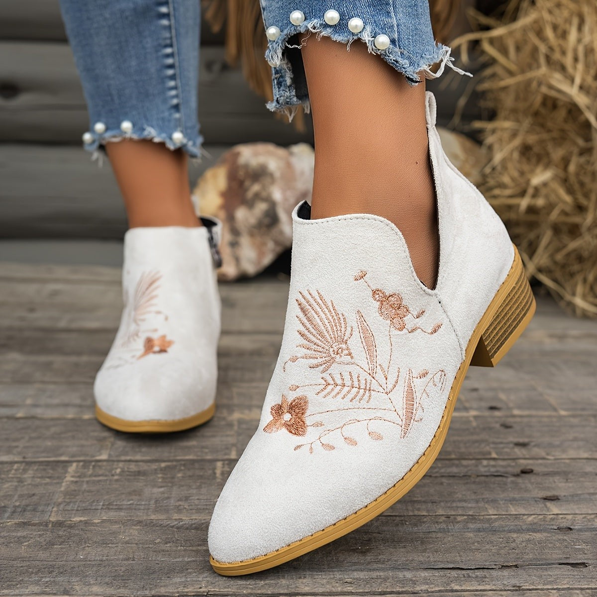 Women's Embroidered Low Heel Ankle Boots with Side Zip