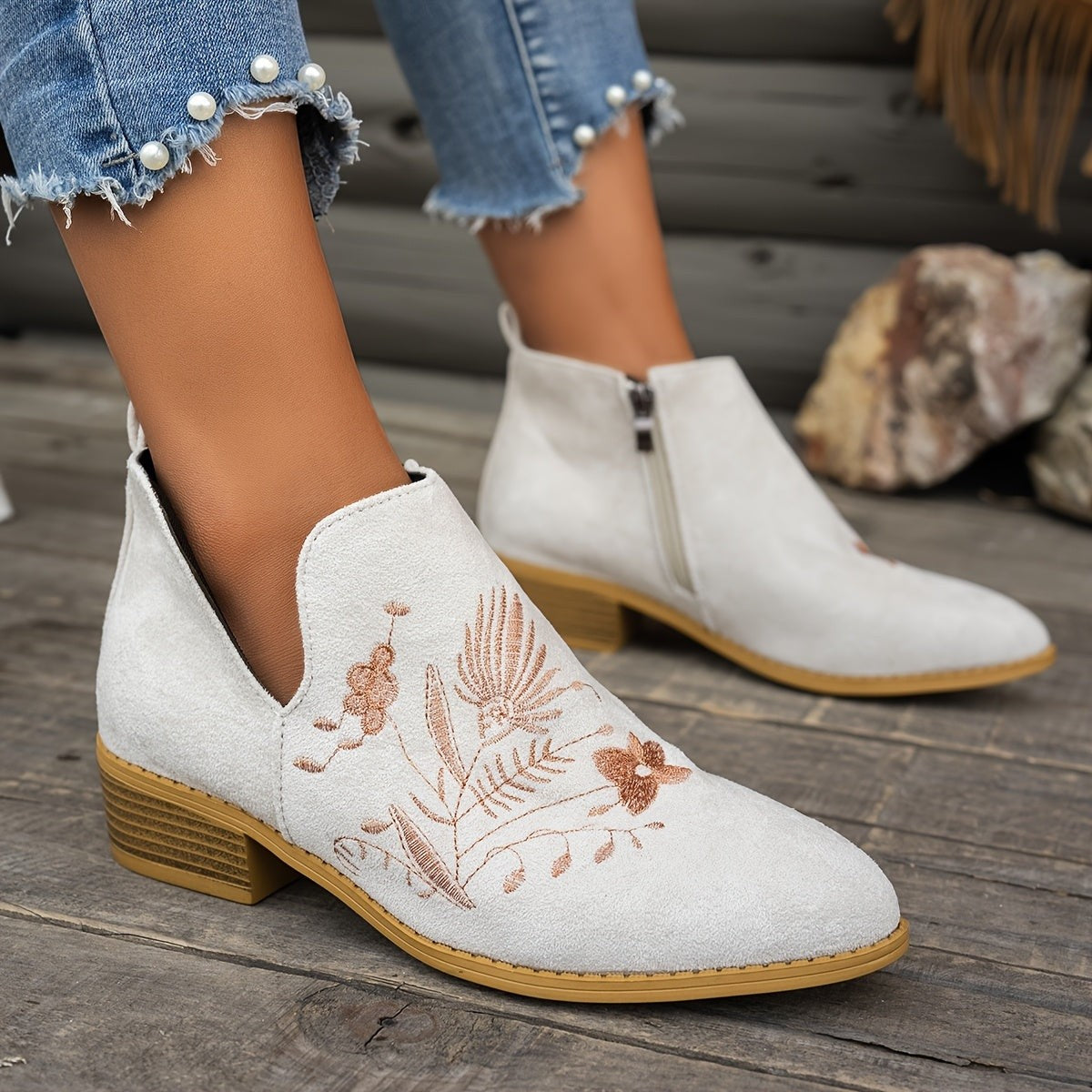 Women's Embroidered Low Heel Ankle Boots with Side Zip