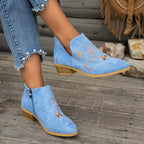 Women's Embroidered Low Heel Ankle Boots with Side Zip