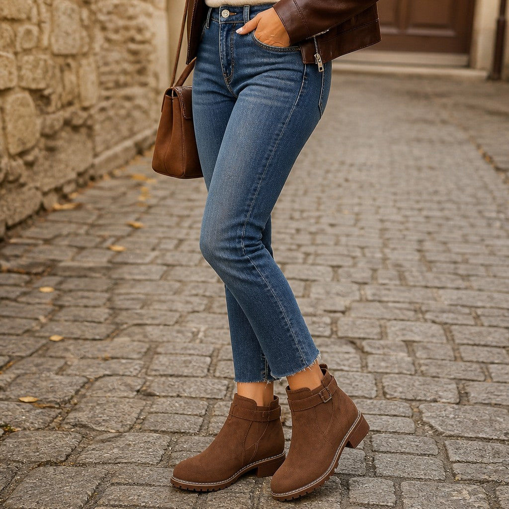Women's Faux Suede Block Heel Ankle Boots with Buckle