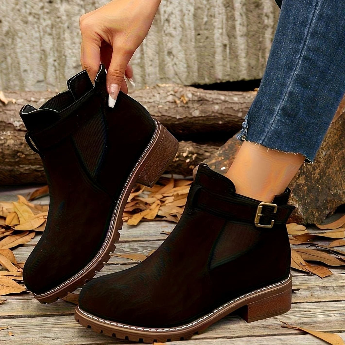 Women's Faux Suede Block Heel Ankle Boots with Buckle