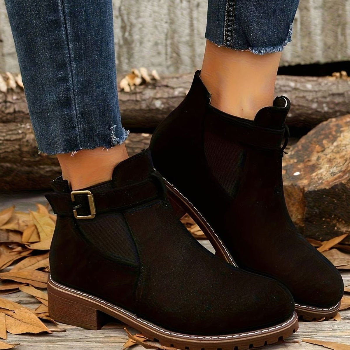 Women's Faux Suede Block Heel Ankle Boots with Buckle