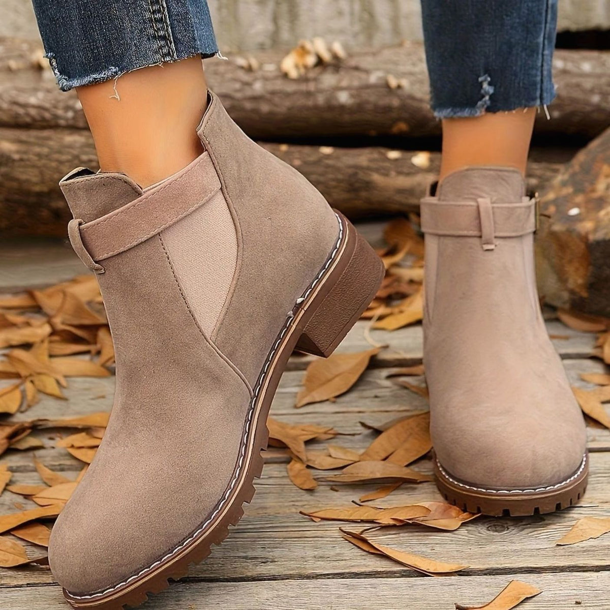 Women's Faux Suede Block Heel Ankle Boots with Buckle