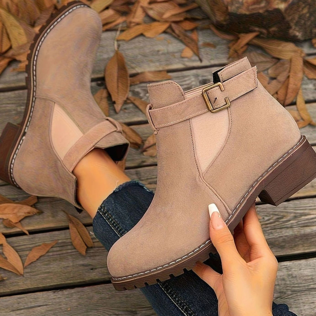 Women's Faux Suede Block Heel Ankle Boots with Buckle