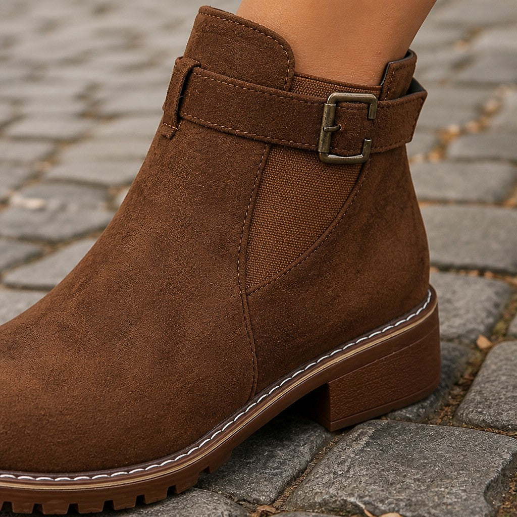 Women's Faux Suede Block Heel Ankle Boots with Buckle