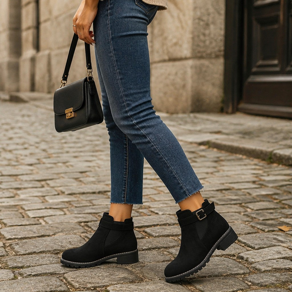 Women's Faux Suede Block Heel Ankle Boots with Buckle
