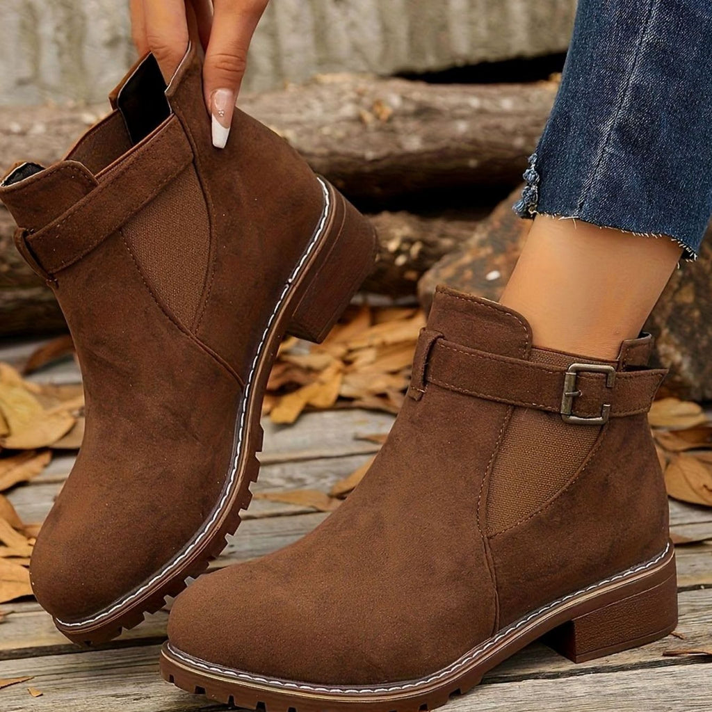 Women's Faux Suede Block Heel Ankle Boots with Buckle